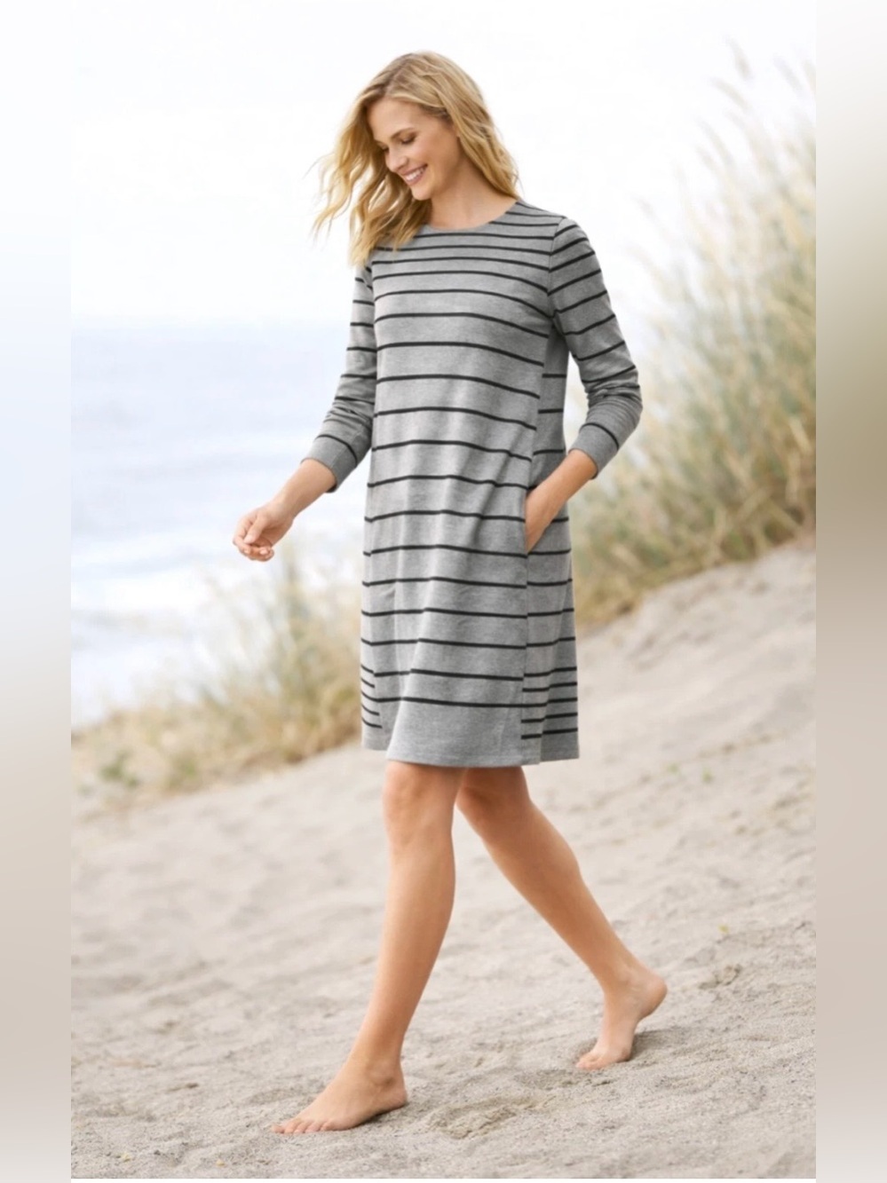 J. Jill Gray Black Striped French Terry Long Sleeve Dress Pockets XL Coastal